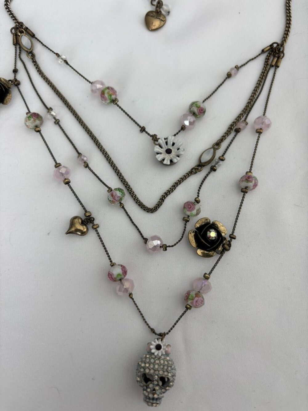 Betsey Johnson Layered Skull Rose Floral Necklace Pink